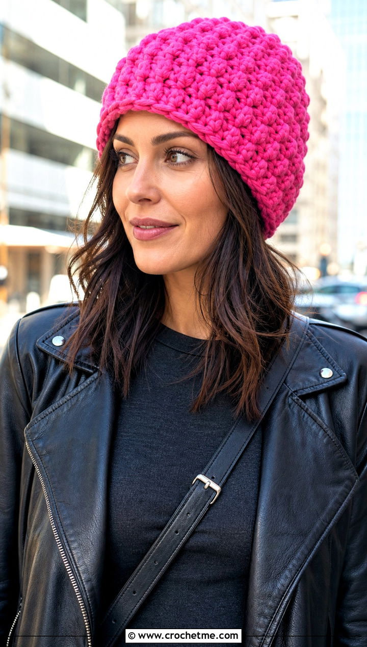 Puff Stitch Slouchy Beanie With Leather Jacket And Leggings - 30 crochet stitch hat outfit ideas