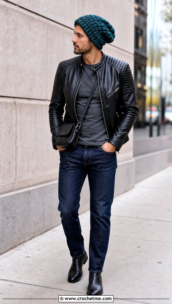 Puff Stitch Slouchy Beanie With Leather Jacket - 35 Crochet Slouchy Hat Mens Slouch Beanie outfit ideas