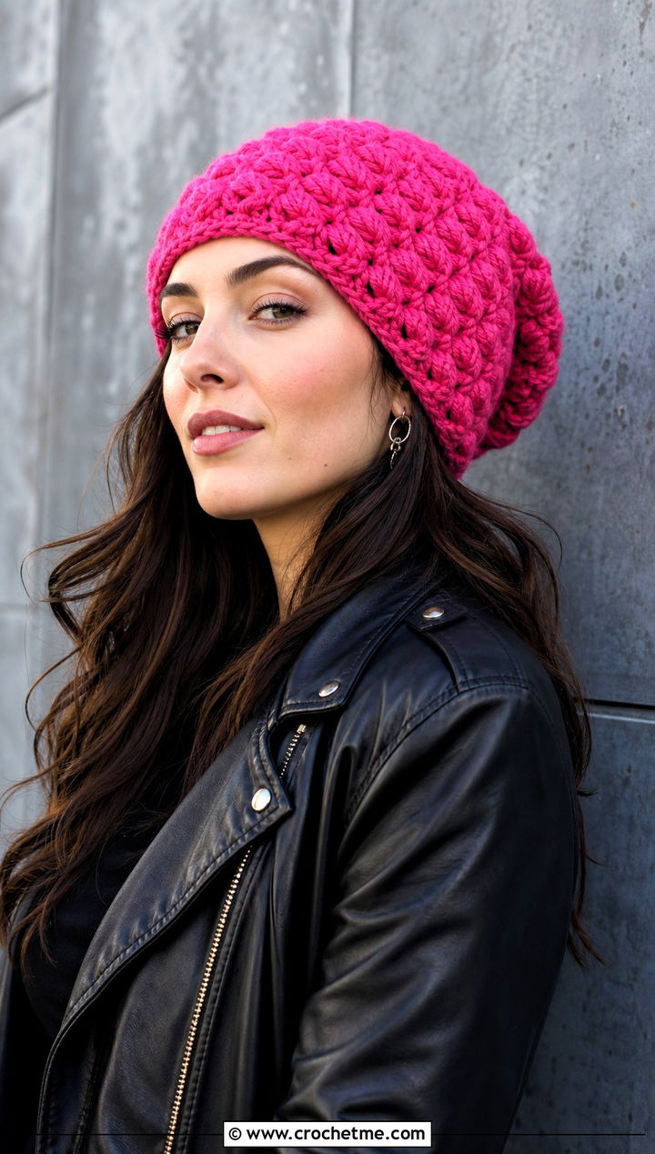 Puff Stitch Slouchy Crochet Beanie With Leather Jacket - 25 Easy Slouchy Crochet Beanie outfit ideas