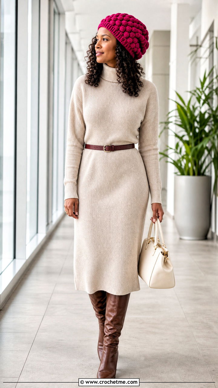 Puff Stitch Slouchy Crochet Beanie With Sweater Dress - 35 slouchy crochet beanie outfit ideas