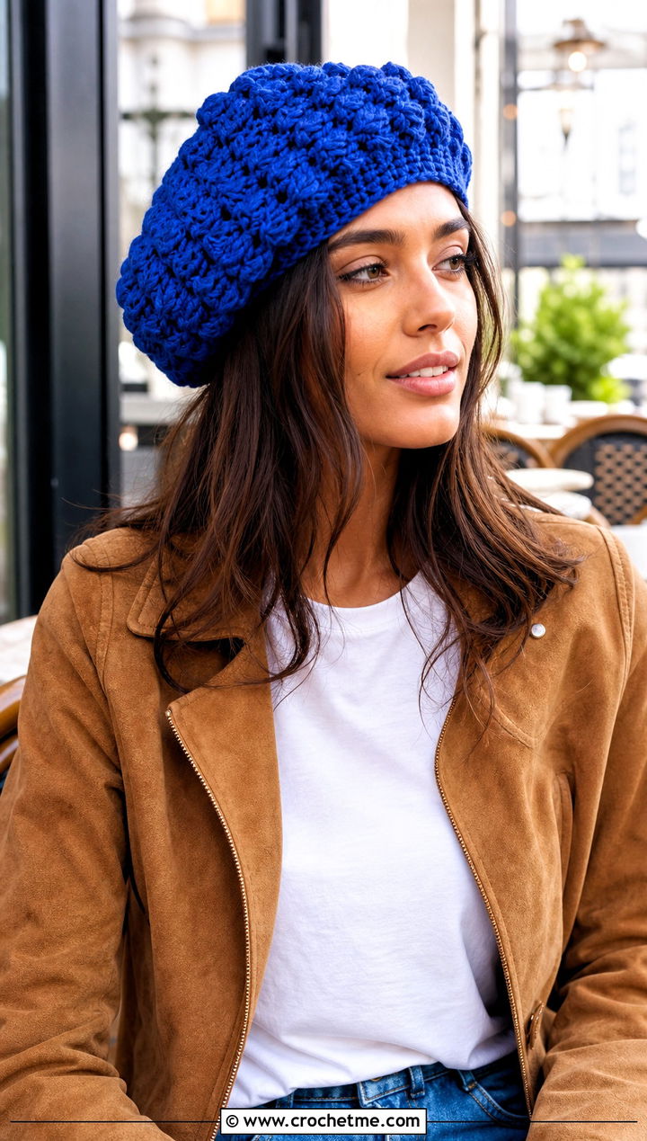 Puff Stitch Slouchy Crochet Beret With Jeans - 25 Slouchy Crochet Beret outfit ideas