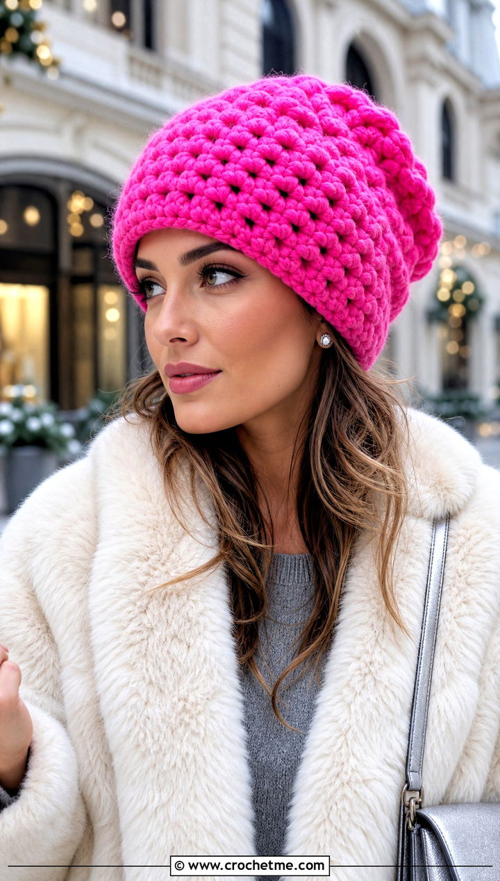 Puff Stitch Slouchy Crochet Hat With Faux Fur Coat - 15 Slouchy Crochet Hat outfit ideas
