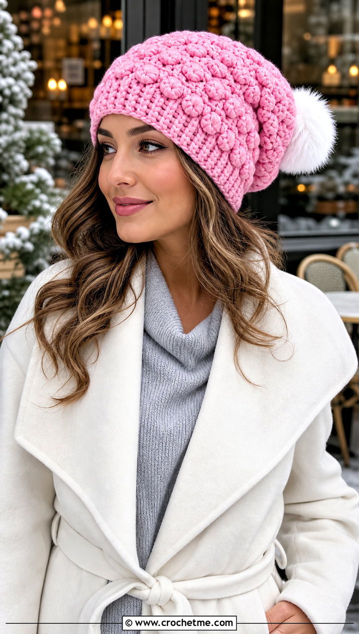 Puff Stitch Slouchy Crochet Hat With Sweater Dress And Boots - 15 Crochet Hat With Fur Pom Pom outfit ideas