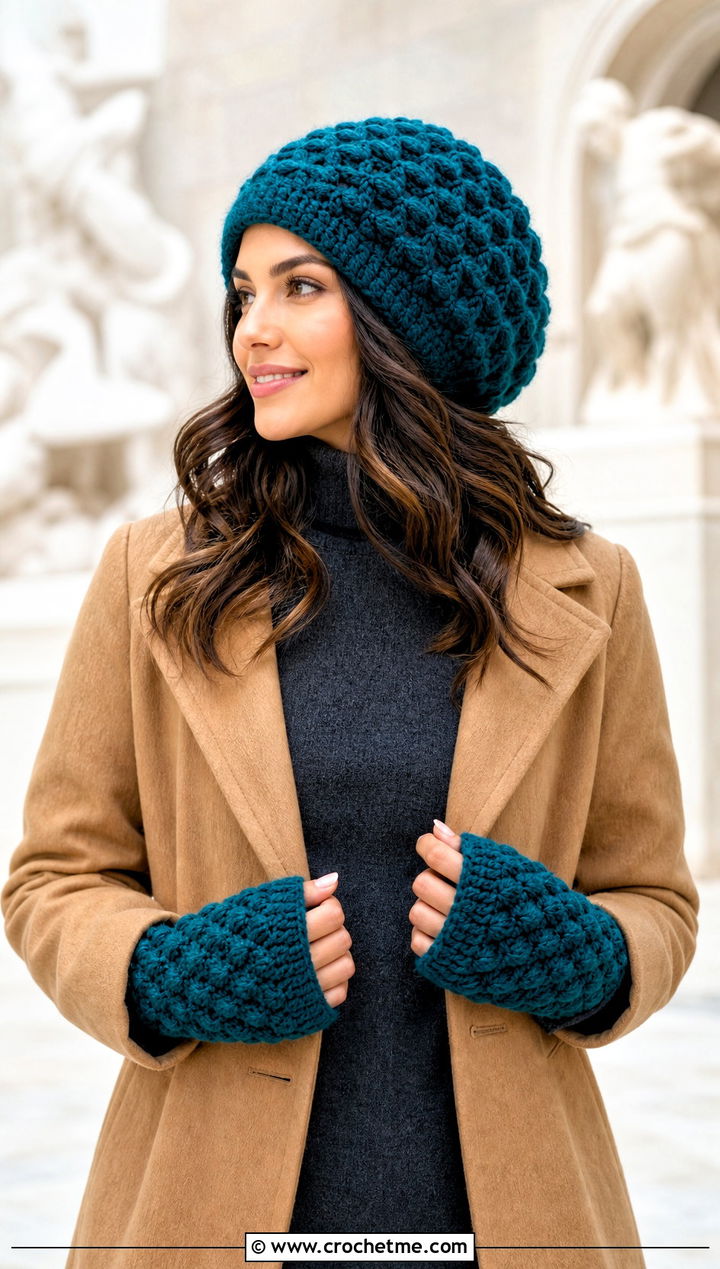 Puff Stitch Slouchy Hat And Hand Warmers With Sweater Dress - 15 Crochet Hat With Hand Warmer outfit ideas