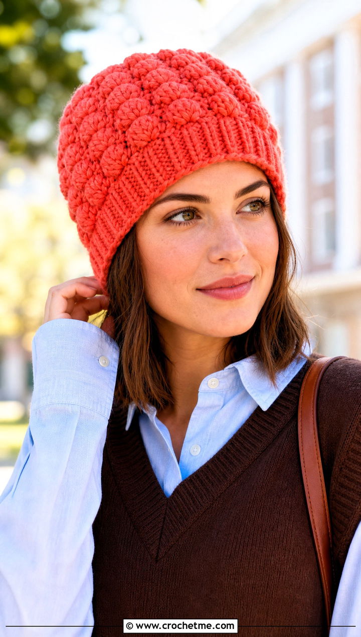 Puff Stitch Square Beanie With Sweater Vest And Oxford Shirt - 25 square crochet beanie outfit ideas