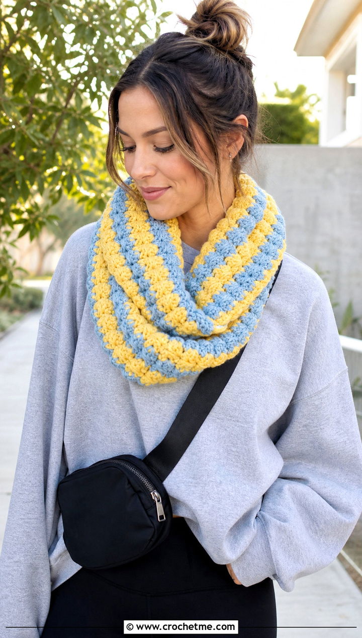 Puff Stitch Striped Crochet Infinity Scarf With Sweatshirt And Leggings - 15 Striped Crochet Infinity Scarf outfit ideas