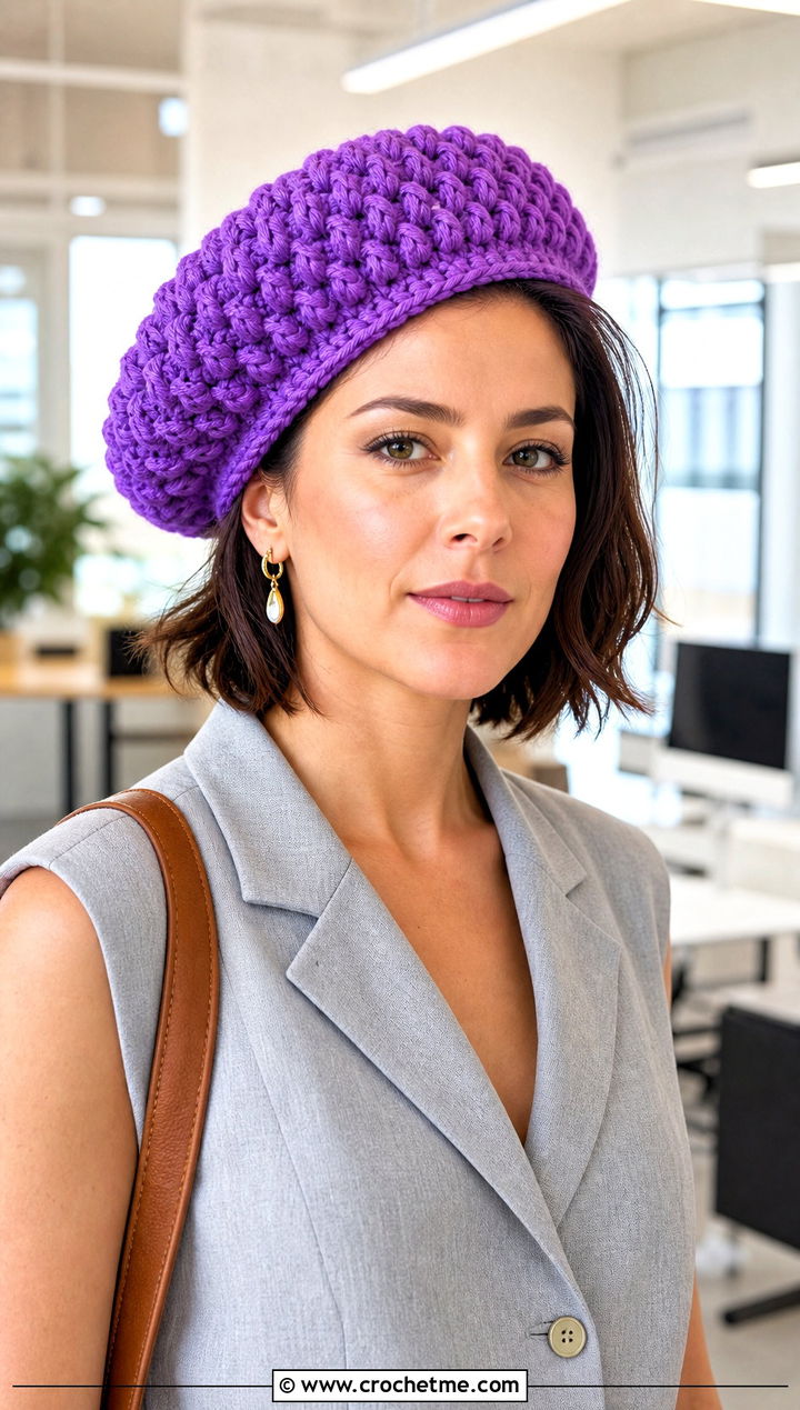 Puff Stitch Summer Beret With Tailored Trousers - 20 Summer Slouchy Crochet Hat outfit ideas