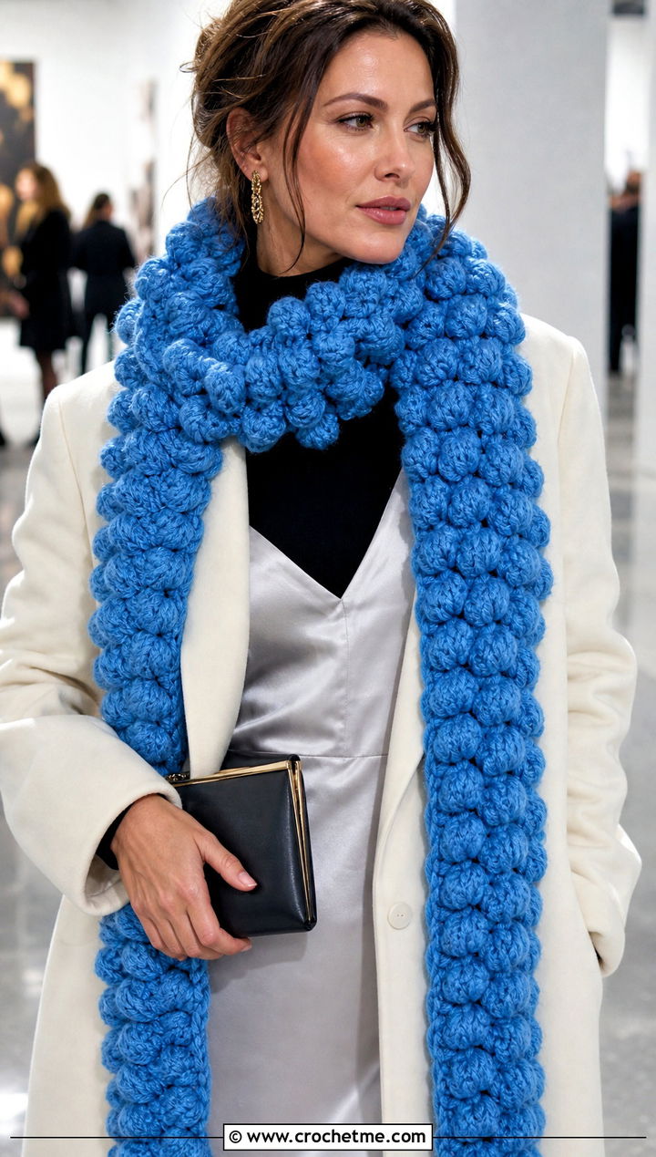Puff Stitch Super Chunky Crochet Scarf With Slip Dress - 25 Super Chunky Crochet Scarf outfit ideas