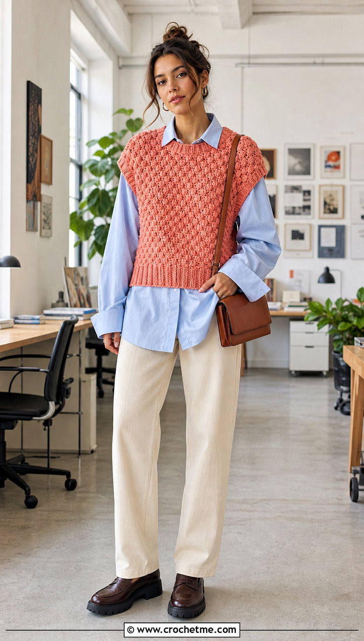 Puff Stitch Sweater Vest With Poplin Shirt And Trousers - 20 Crochet Puff Stitch Sweater outfit ideas