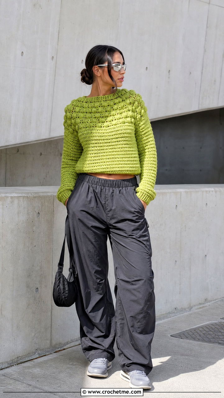 Puff Stitch Top Down Crochet Sweater With Parachute Pants - 35 top down crochet sweater outfit ideas