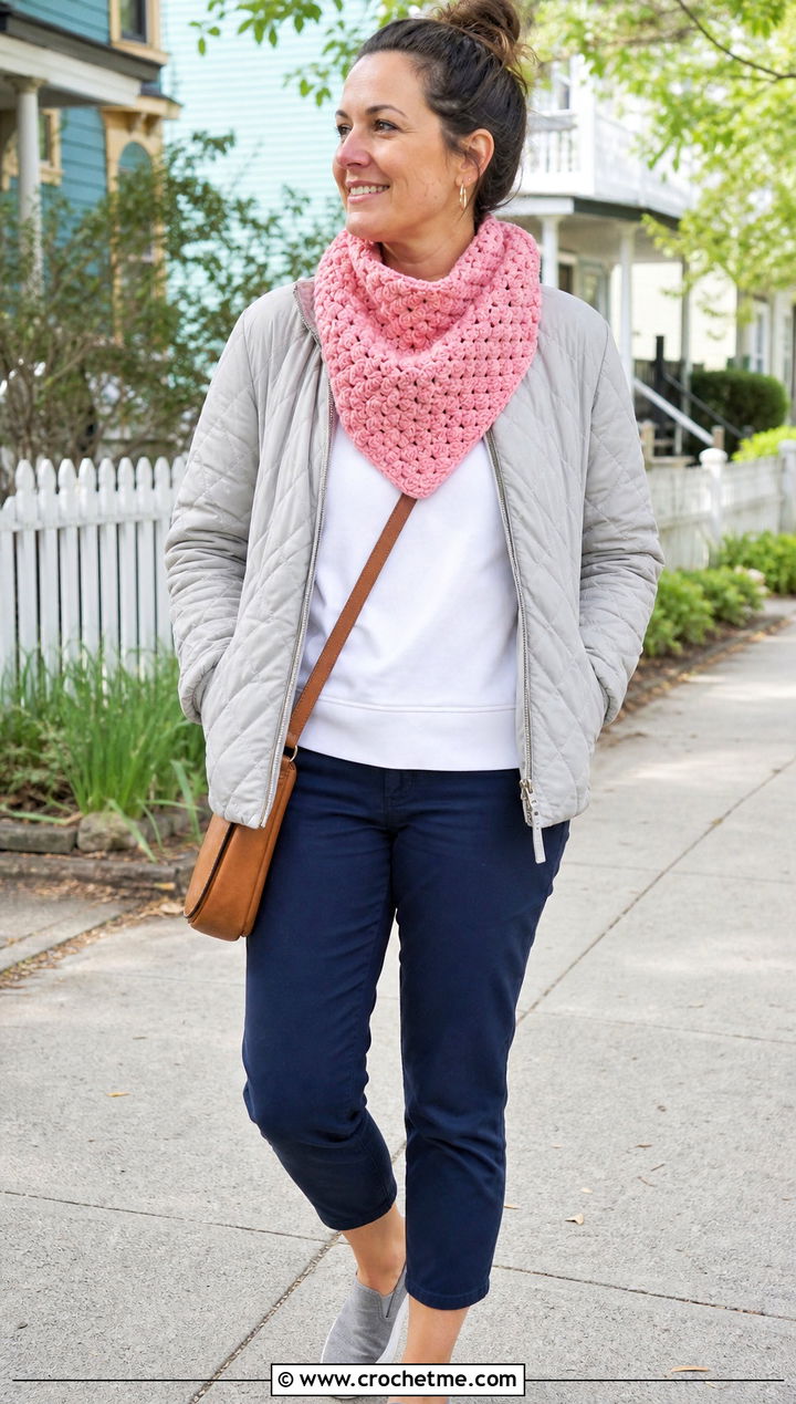 Puff Stitch Triangle Cowl With Quilted Jacket - 30 crochet triangle cowl outfit ideas