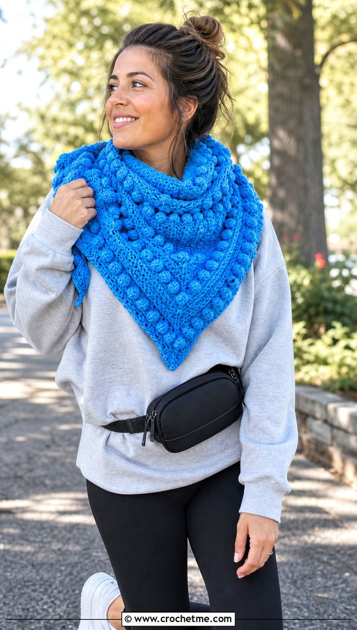 Puff Stitch Triangle Crochet Shawl With Sweatshirt And Leggings - 30 easy triangle crochet shawl outfit ideas