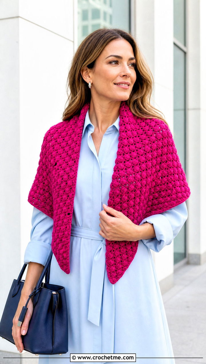 Puff Stitch Triangle Shawl With Shirt Dress - 30 easy crochet triangle shawl outfit ideas
