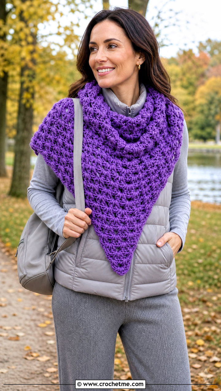 Puff Stitch V Shaped Crochet Shawl With Puffer Vest - 15 V Shaped Crochet Shawl outfit ideas
