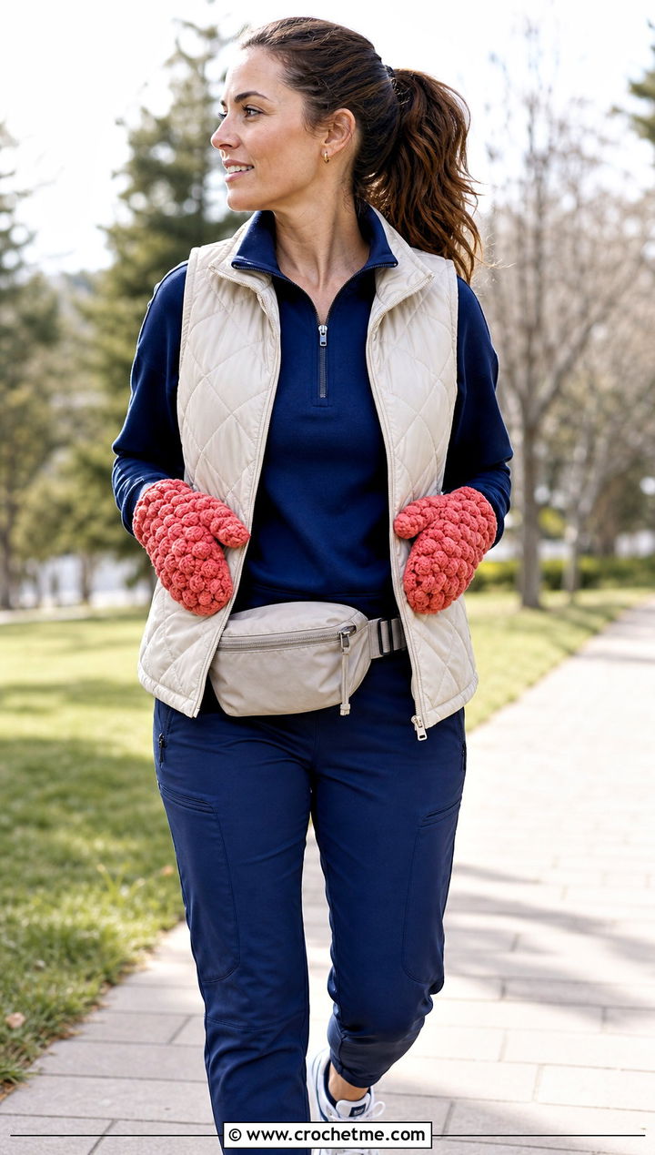 Puff Stitch Velvet Crochet Mittens With Quilted Vest - 20 velvet crochet mittens outfit ideas