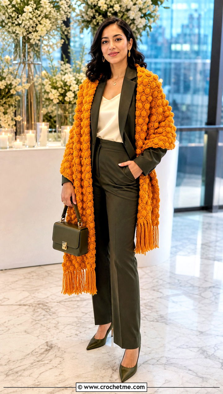 Puff Stitch Wedding Shawl With Tailored Trouser Suit - 35 crochet wedding shawl outfit ideas