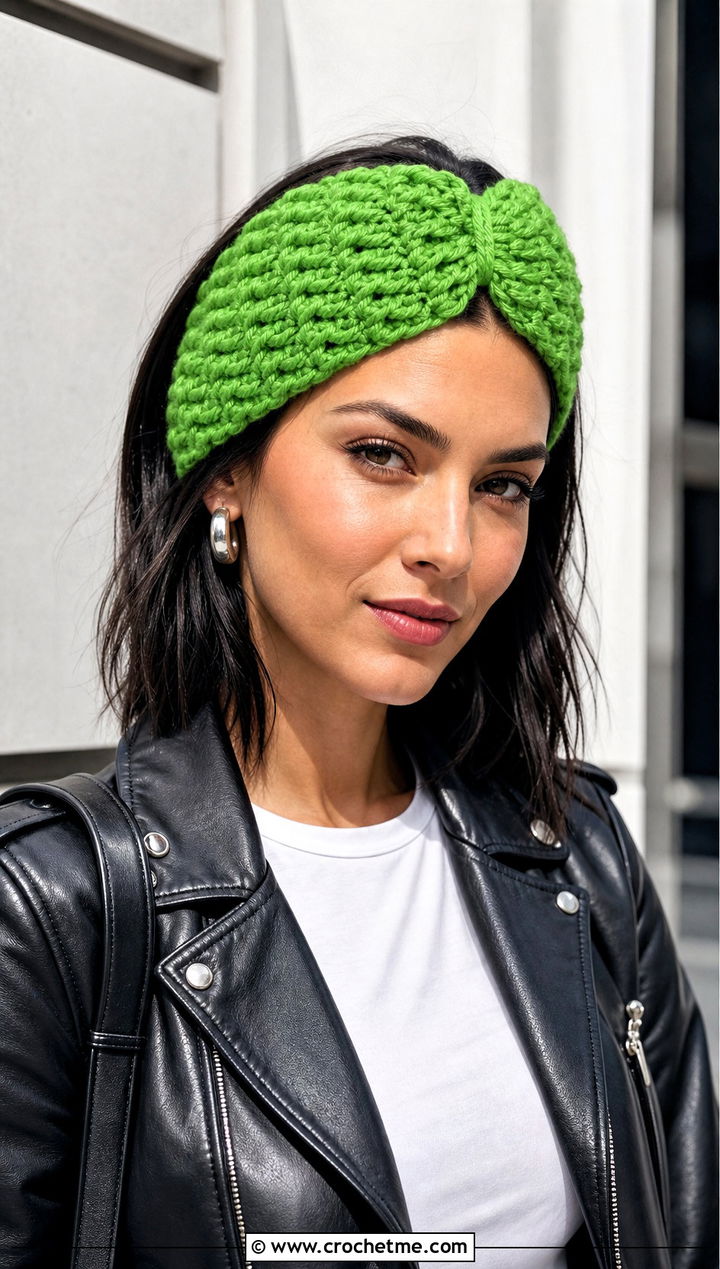 Puff Stitch Wide Cinch Crochet Headband With Leather Jacket - 15 wide cinch crochet headband outfit ideas