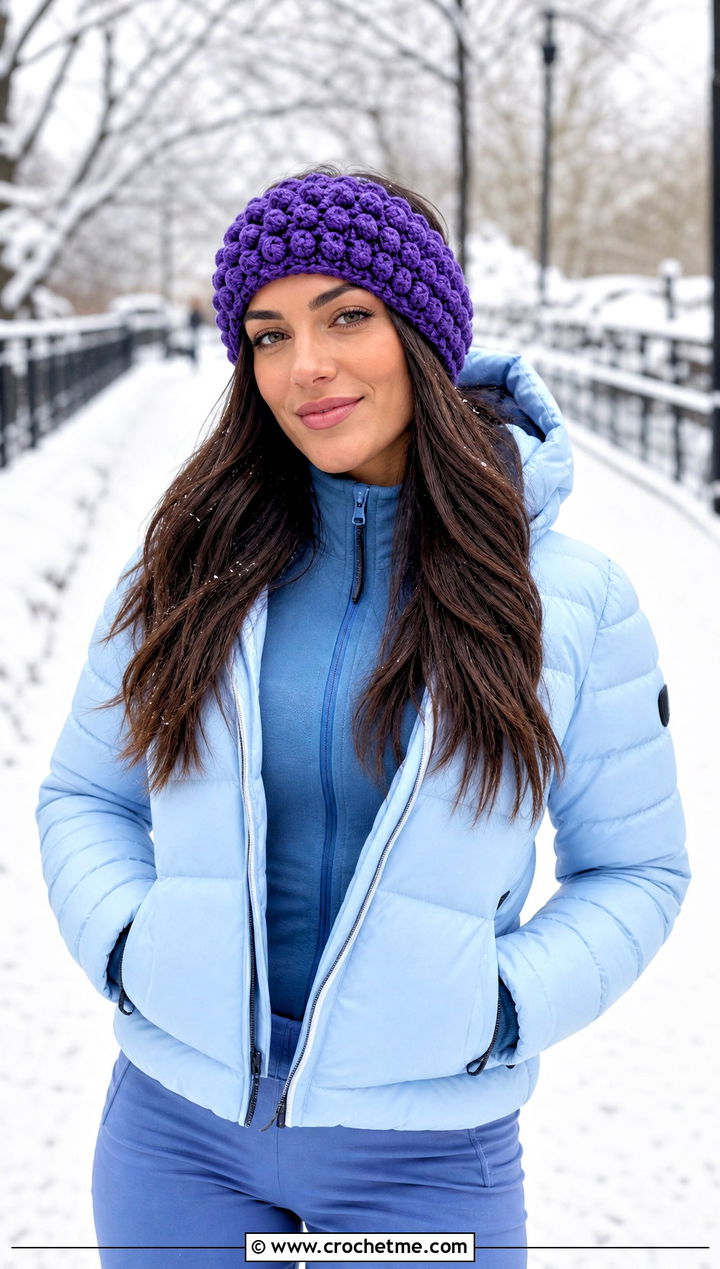 Puff Stitch Wide Crochet Ear Warmer With Puffer Jacket - 15 Wide Crochet Ear Warmer outfit ideas