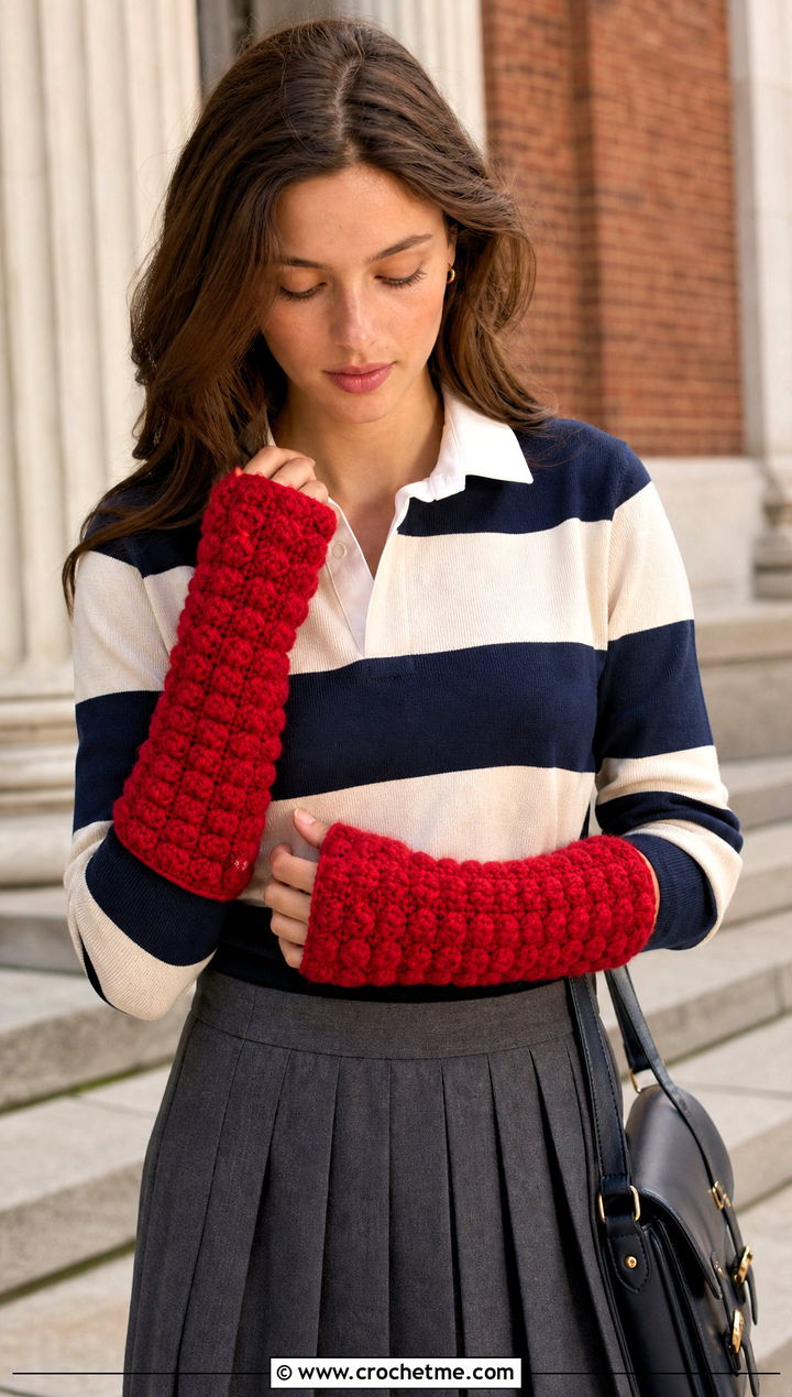 Puff Stitch Wrist Warmers With Rugby Shirt - 15 Crochet Puff Stitch Fingerless Gloves outfit ideas