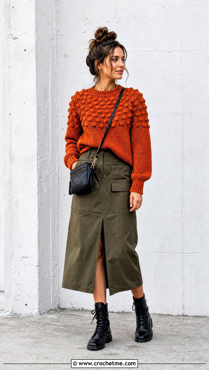Puff Stitch Yoke Crochet Sweater With Utility Skirt - 25 Yoke Down Crochet Sweater outfit ideas