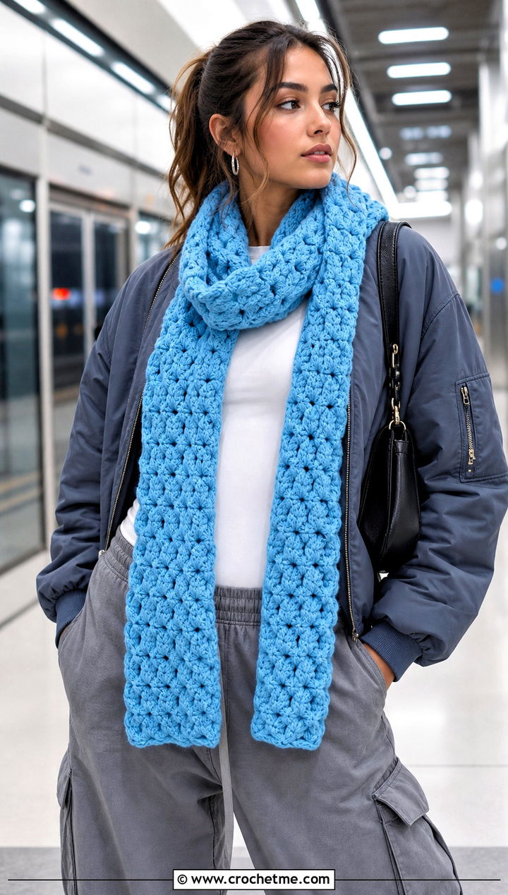 Puff V Stitch Crochet Scarf With Bomber Jacket - 30 crochet v stitch scarf outfit ideas
