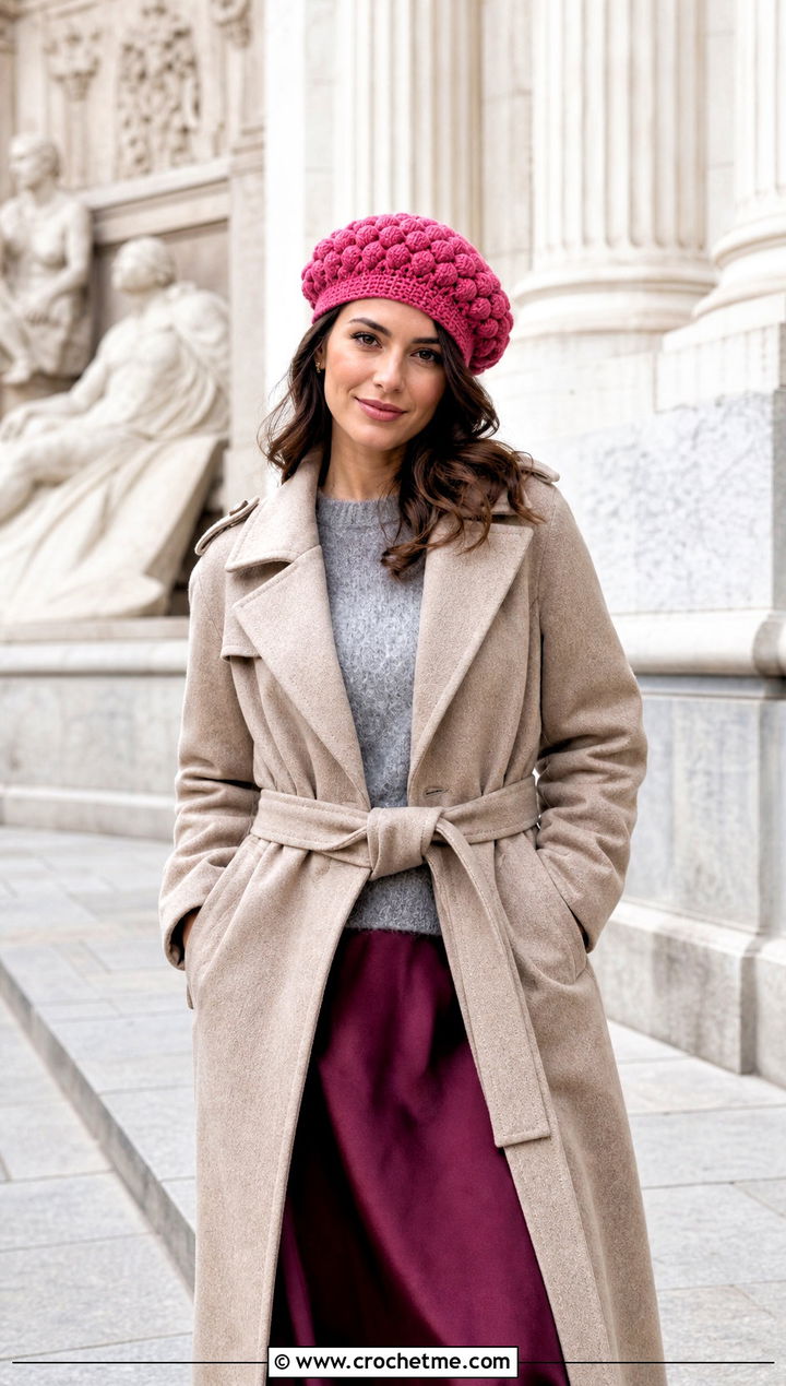 Puffy Crochet Beret With Trench Coat And Midi Skirt - 25 winter crochet hat for women outfit ideas