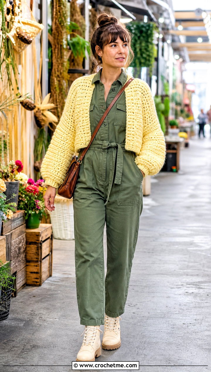 Puffy Crochet Cardigan With Utility Jumpsuit - 30 puffy crochet cardigan outfit ideas