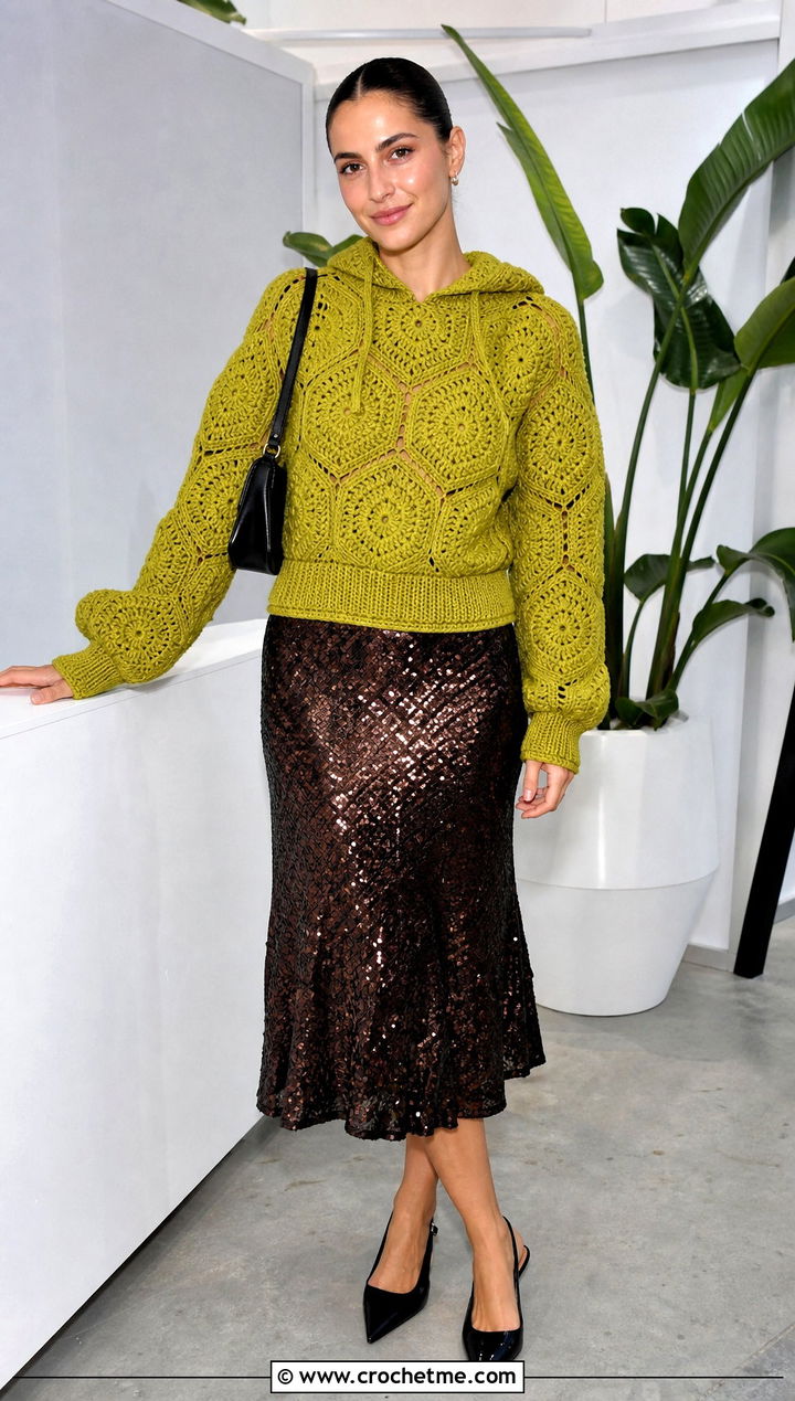 Pullover Crochet Hexagon Hoodie With Sequin Skirt - 30 crochet hexagon hoodie outfit ideas
