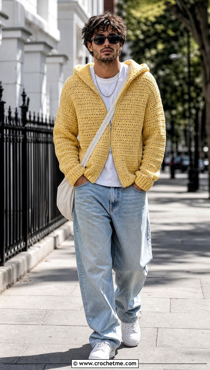 Pullover Crochet Hoodie With Baggy Jeans - 35 crochet hoodie for men outfit ideas