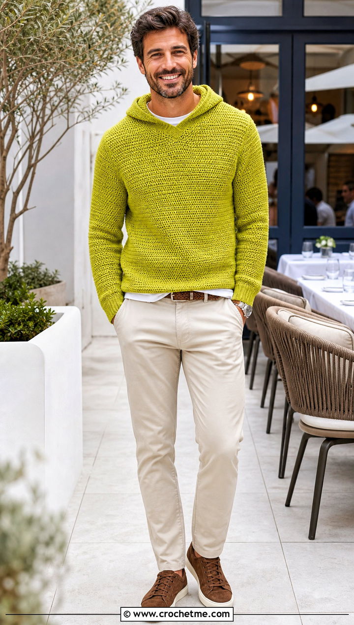 Pullover Crochet Hoodie With Chino Pants - 30 crochet mens hoodie outfit ideas
