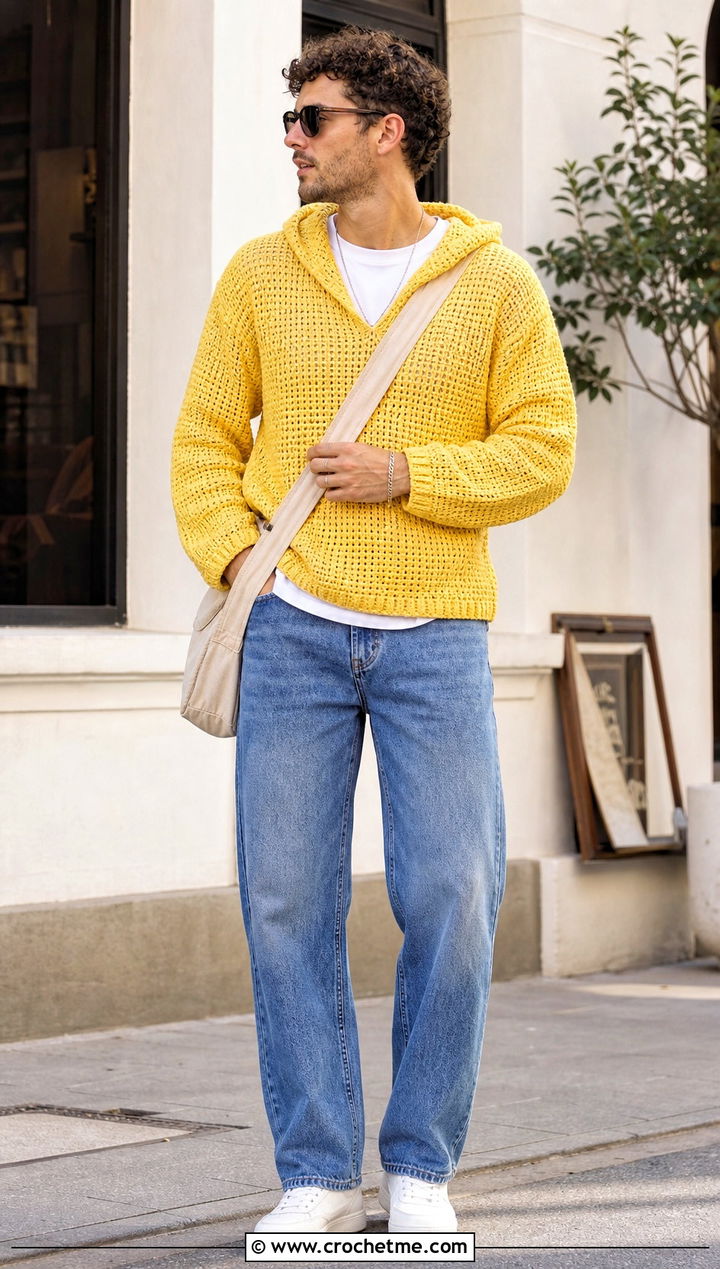 Pullover Crochet Hoodie With Straight Leg Jeans - 25 Crochet Hoodie Men outfit ideas