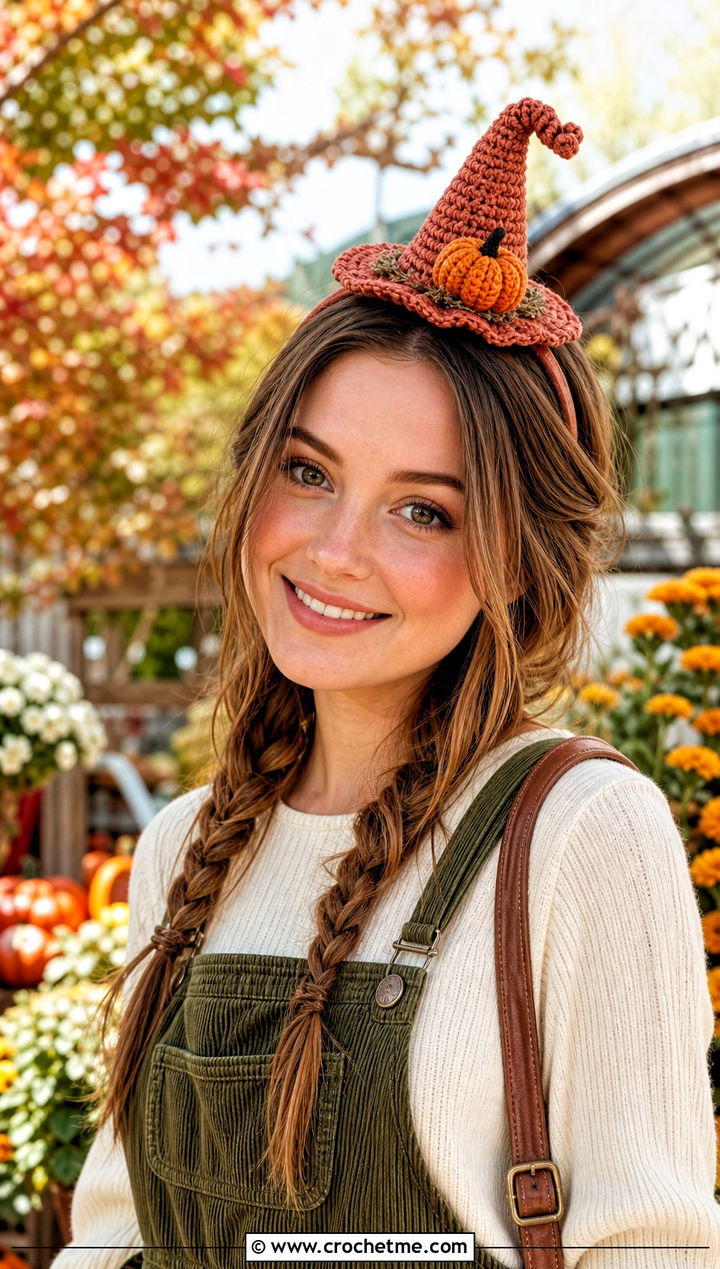 Pumpkin Accent Mini Crochet Witch Hat With Pinafore Dress - 25 Mini Crochet Witch Hat outfit ideas