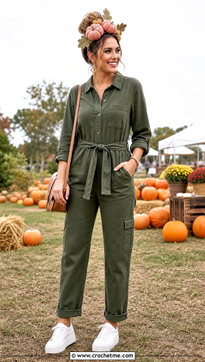 Pumpkin And Leaf Cluster Headband With Utility Jumpsuit - 35 crochet pumpkin headband outfit ideas