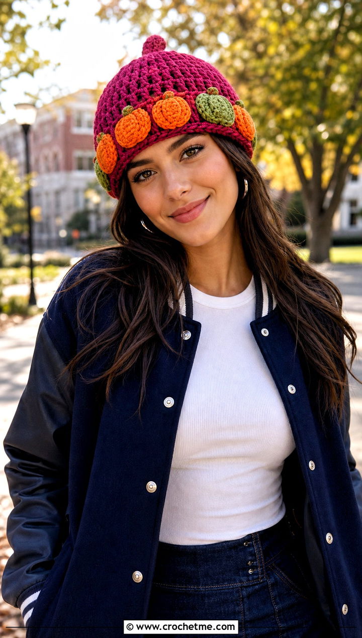 Pumpkin Applique Crochet Beanie With Varsity Jacket - 30 crochet pumpkin beanie outfit ideas