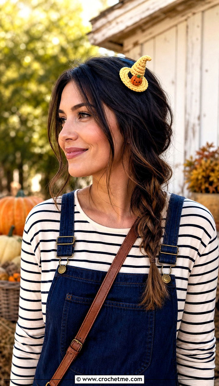 Pumpkin Applique Crochet Mini Witch Hat With Overalls - 25 Crochet Mini Witch Hat outfit ideas