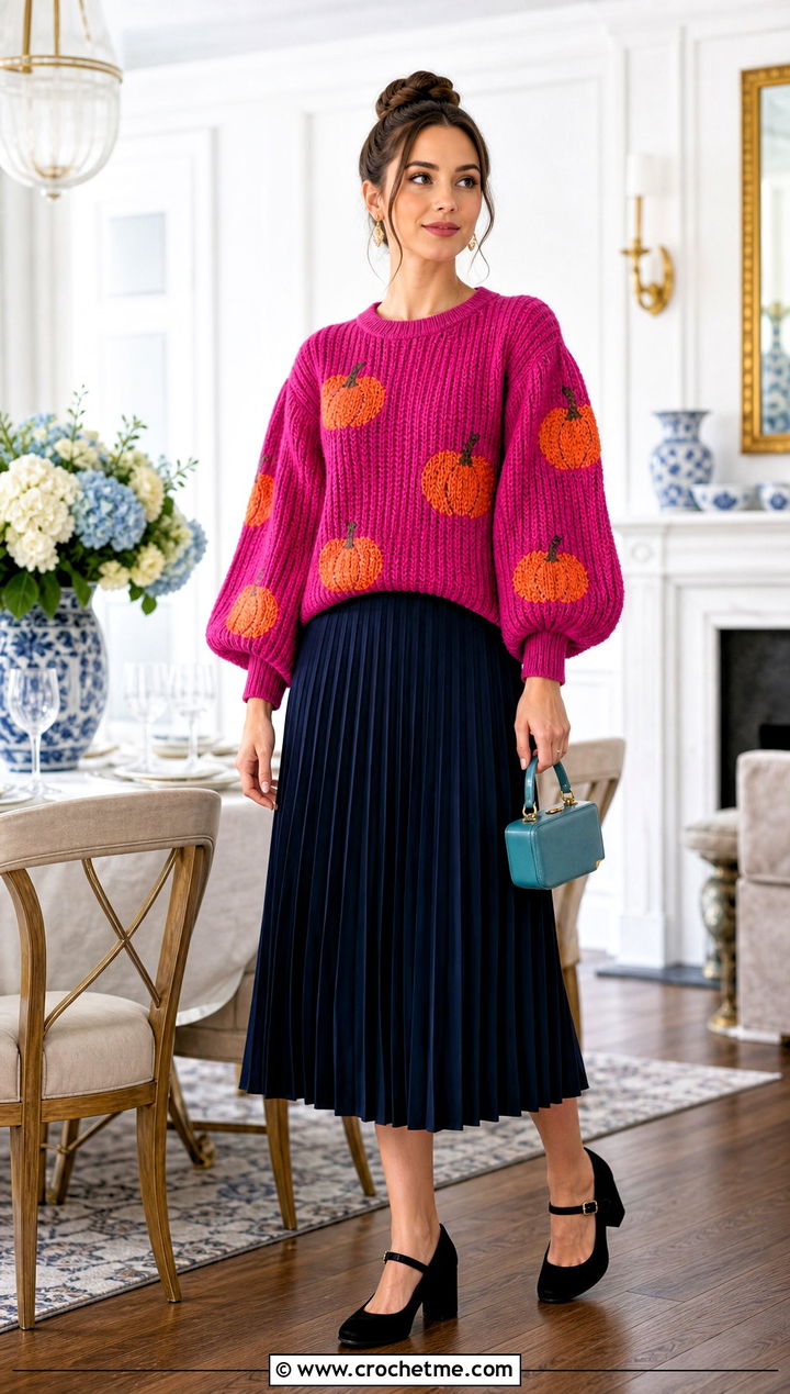 Pumpkin Balloon Sleeve Crochet Sweater With Pleated Skirt - 25 Crochet Thanksgiving Sweater outfit ideas