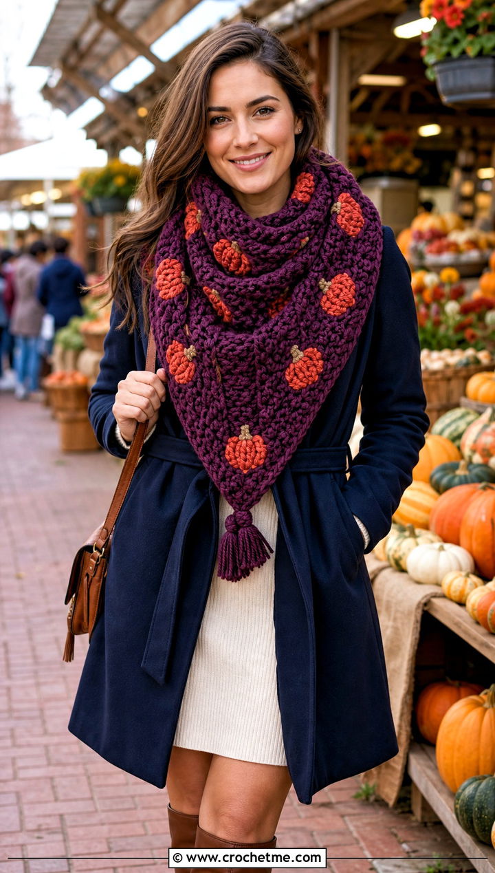 Pumpkin Blanket Scarf With Sweater Dress - 15 crochet pumpkin scarf outfit ideas