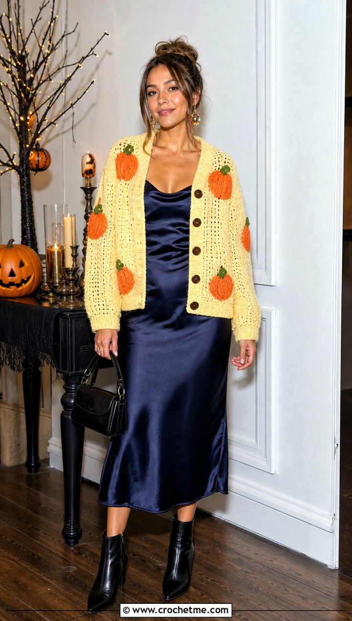 Pumpkin Cardigan Style Crochet Halloween Sweater With Slip Dress - 35 Crochet Halloween Sweater outfit ideas