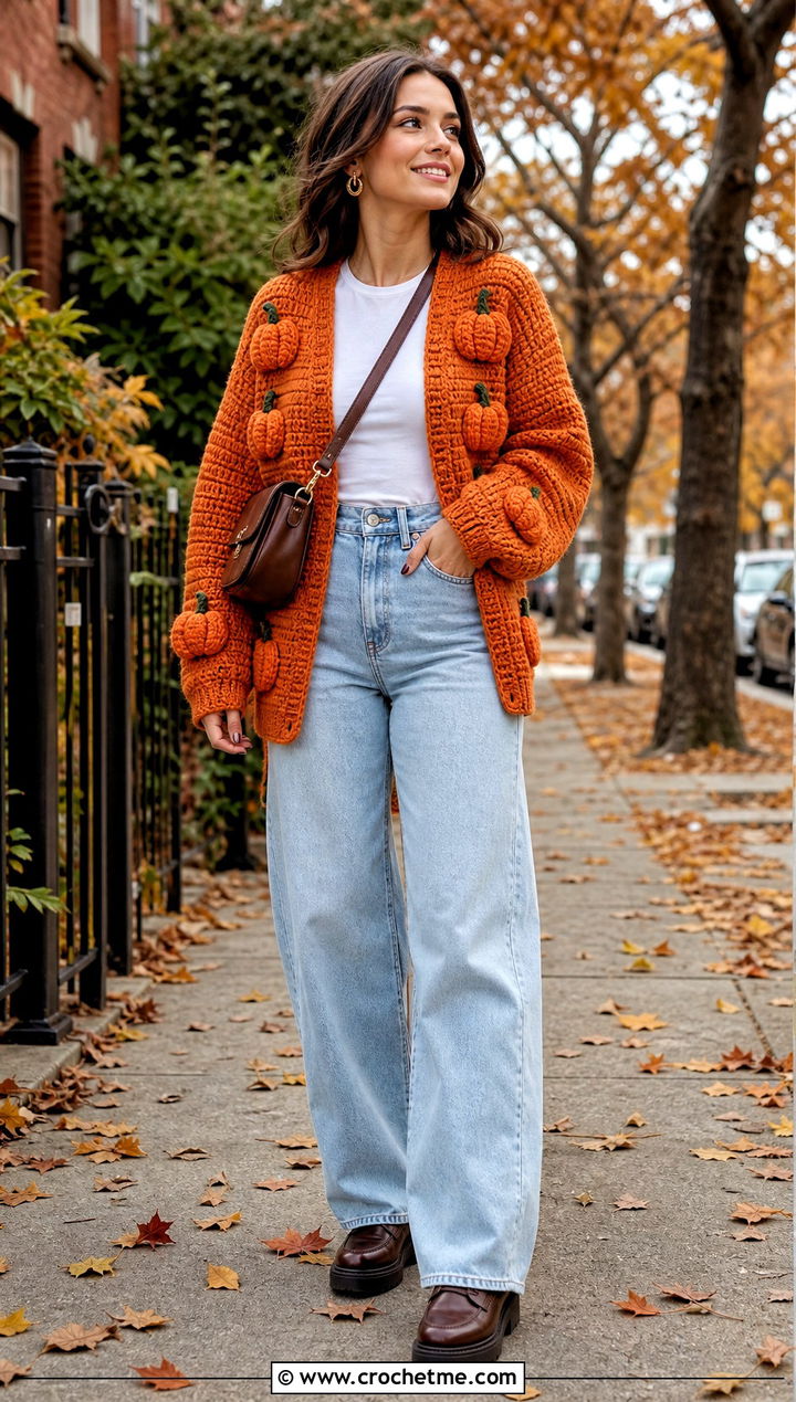 Pumpkin Crochet Cardigan With Wide Leg Jeans - 35 halloween crochet clothes and outfit ideas