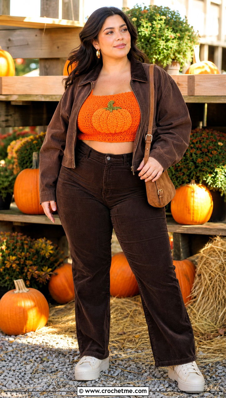Pumpkin Crochet Crop Top With Corduroy Pants - 20 halloween crochet crop top outfit ideas