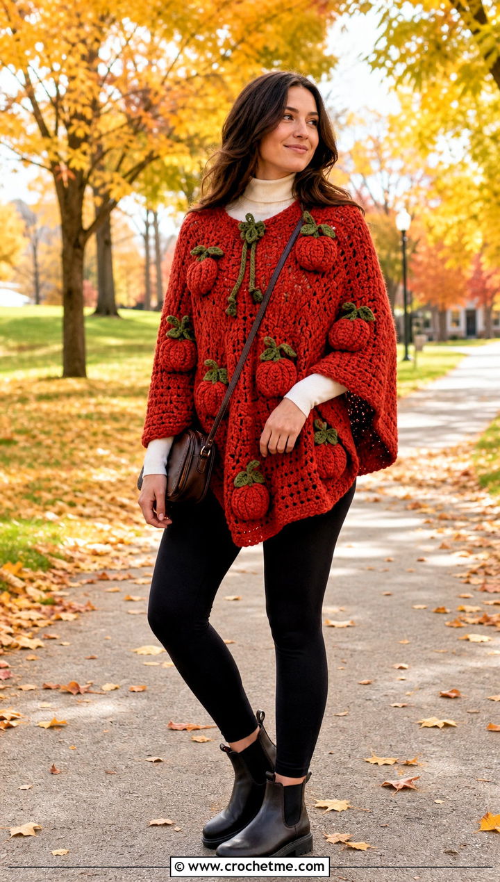 Pumpkin Crochet Poncho With Leggings - 20 Crochet Halloween Clothing and outfit ideas