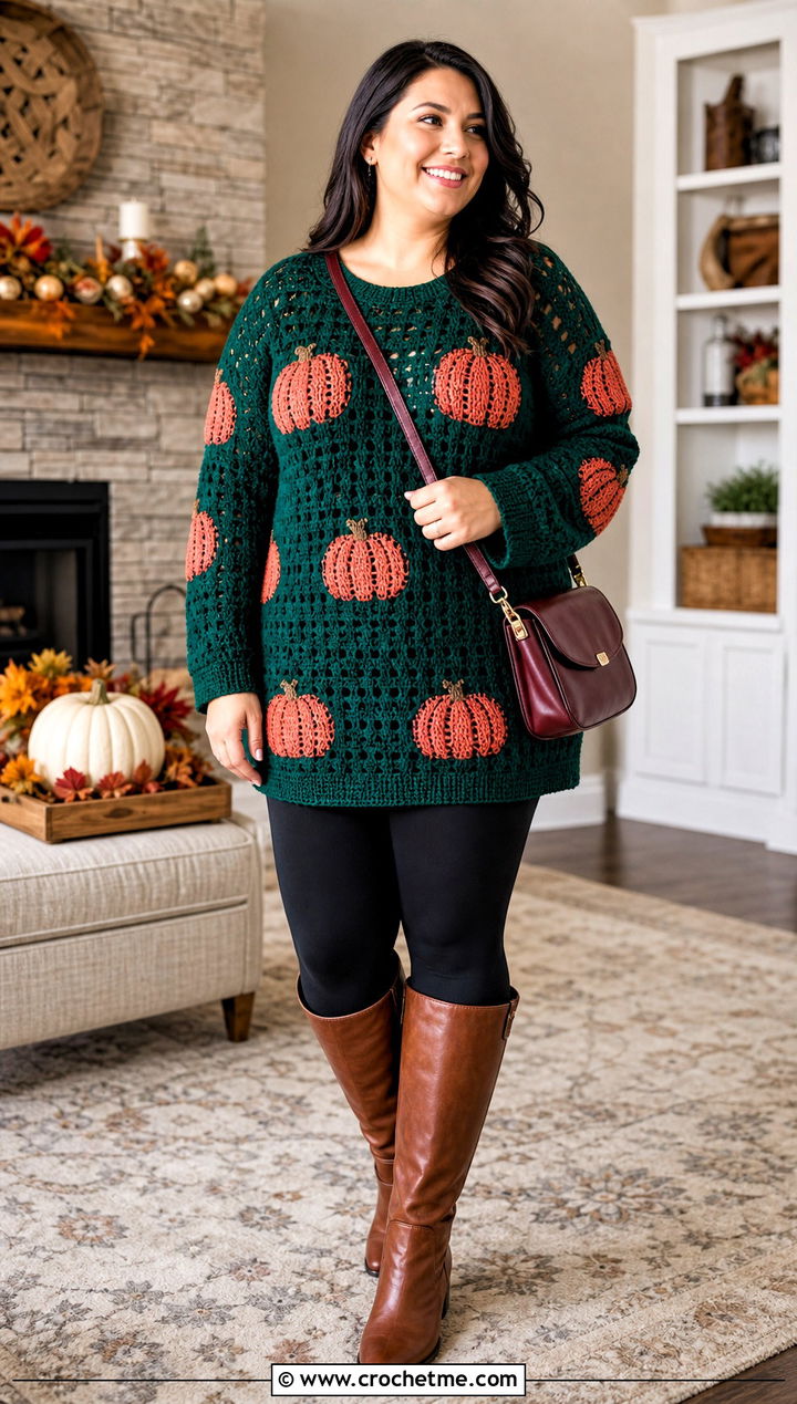 Pumpkin Crochet Tunic Sweater With Leggings - 25 Crochet Thanksgiving Sweater outfit ideas