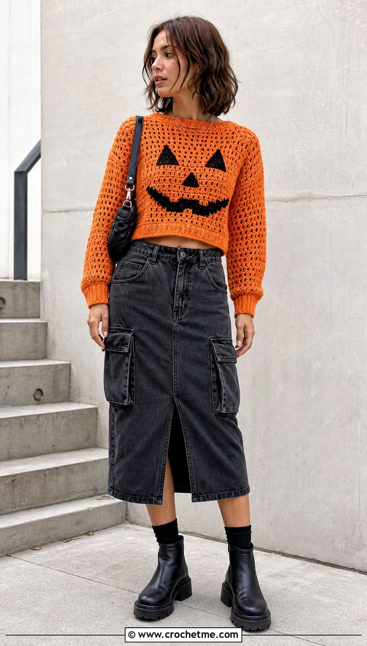 Pumpkin Face Crochet Sweater With Cargo Midi Skirt - 15 Spooky Crochet Sweater outfit ideas