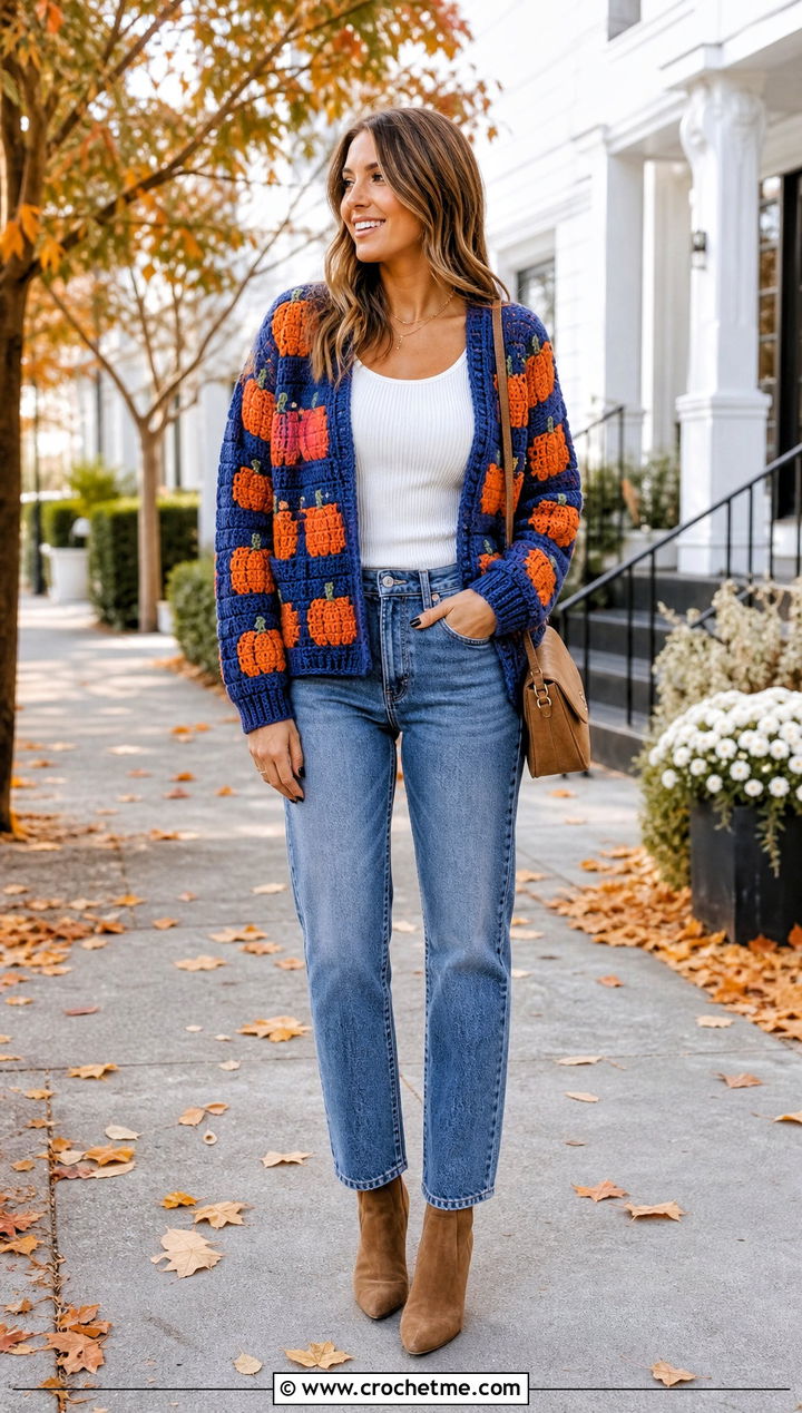 Pumpkin Granny Square Cardigan With Straight Jeans - 20 Crochet Halloween Clothing and outfit ideas