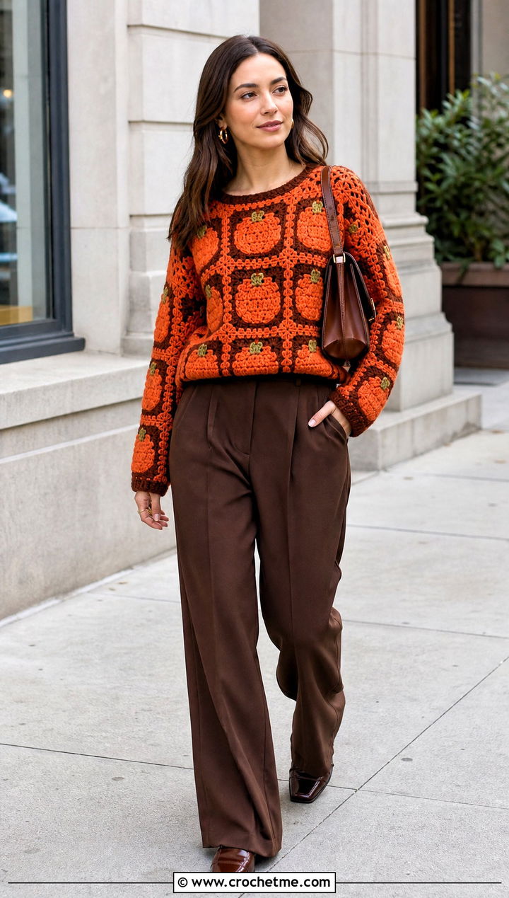Pumpkin Granny Square Crochet Halloween Sweater With Wide Leg Pants - 35 Crochet Halloween Sweater outfit ideas