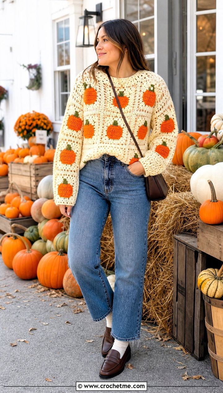 Pumpkin Granny Square Crochet Sweater Outfit - 25 Crochet Halloween Clothes and outfit ideas