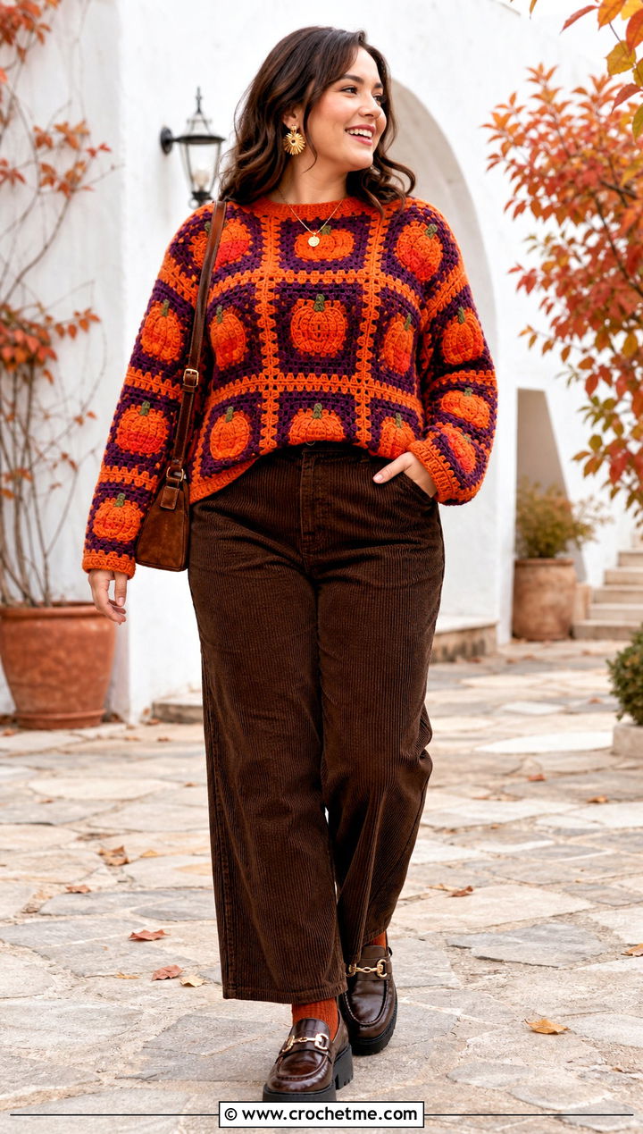 Pumpkin Granny Square Crochet Sweater With Corduroy Pants - 25 Crochet Thanksgiving Sweater outfit ideas