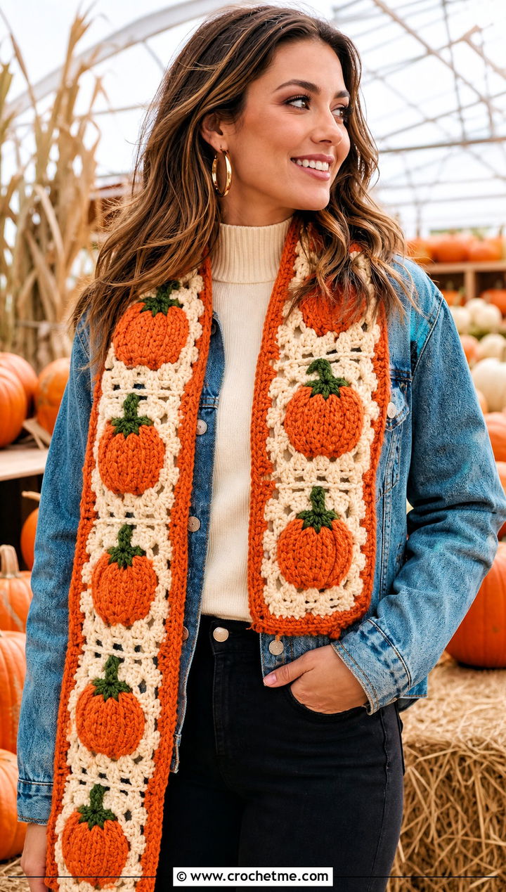 Pumpkin Granny Square Halloween Scarf With Denim Jacket - 20 crochet halloween scarf outfit ideas