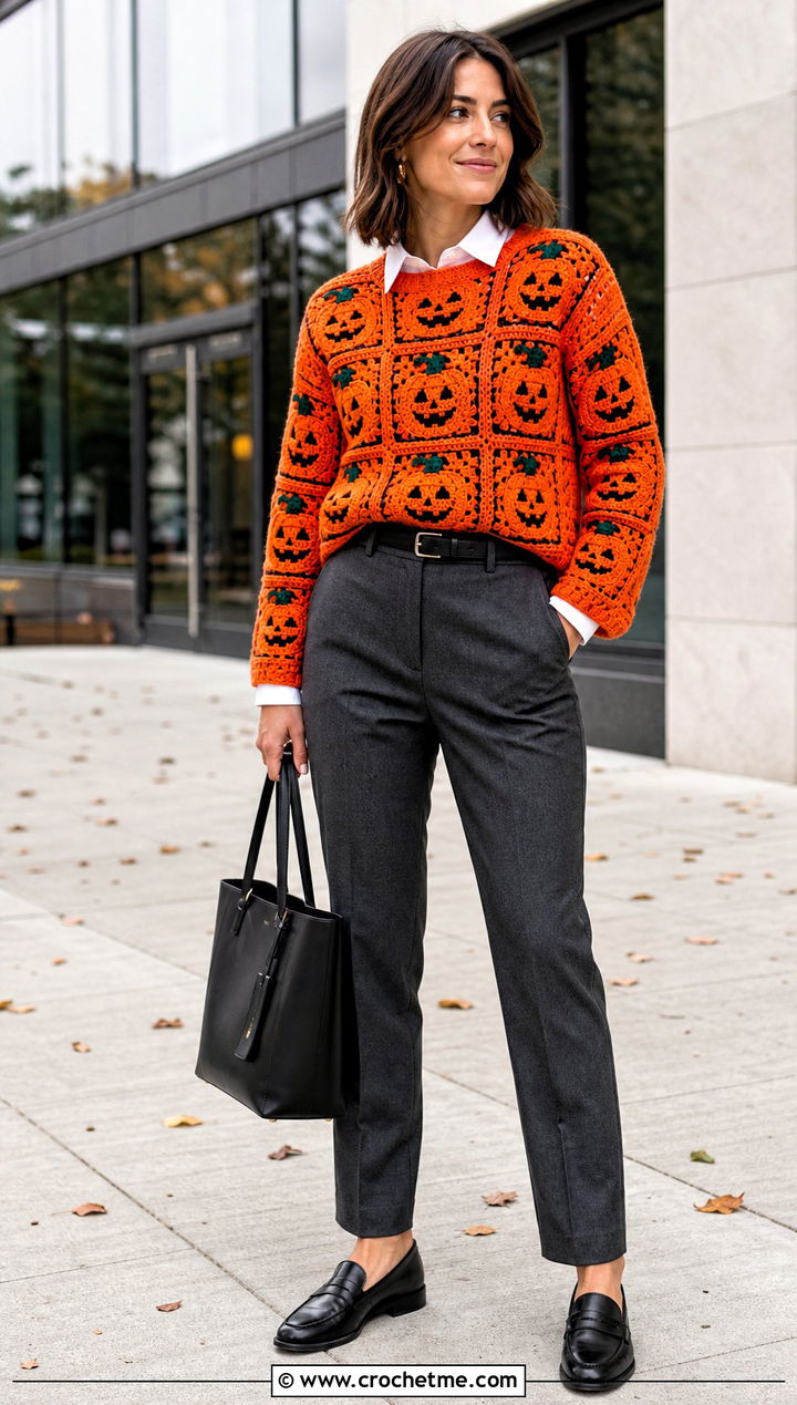Pumpkin Granny Square Halloween Sweater With Tailored Trousers - 15 Crochet Granny Square Halloween Sweater outfit ideas