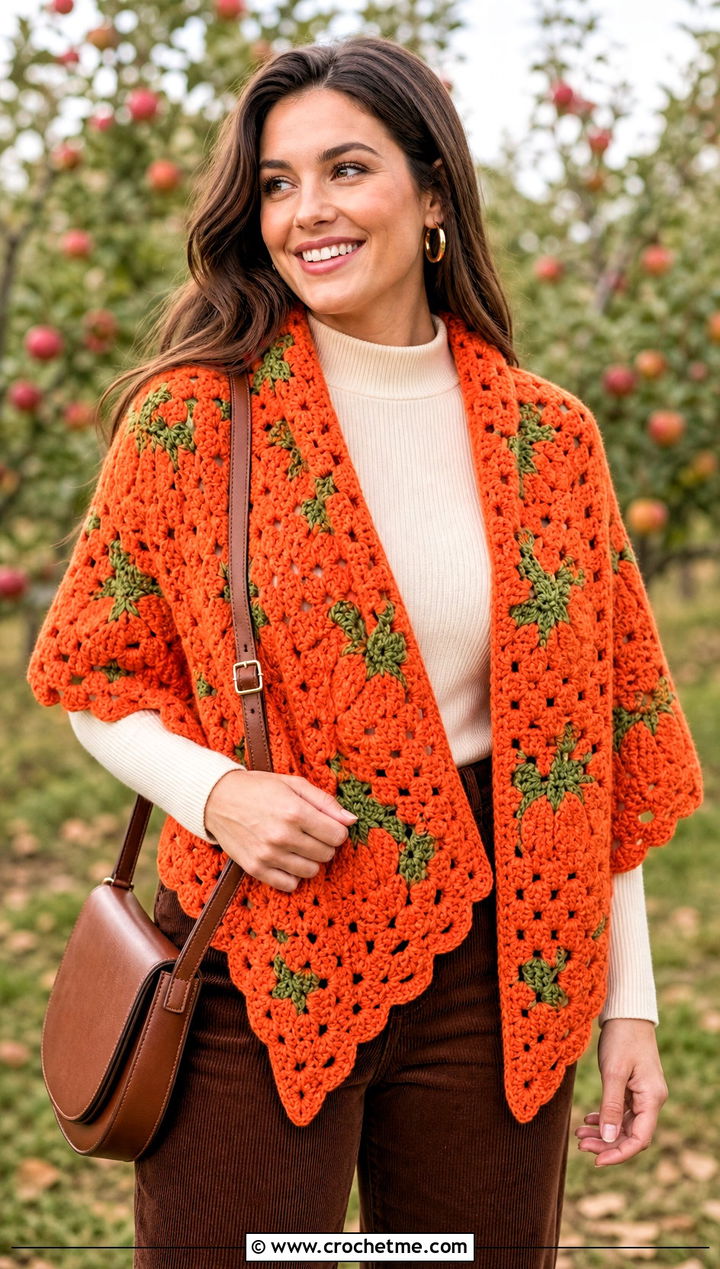 Pumpkin Granny Triangle Crochet Halloween Shawl With Corduroy - 20 Crochet Halloween Shawl outfit ideas
